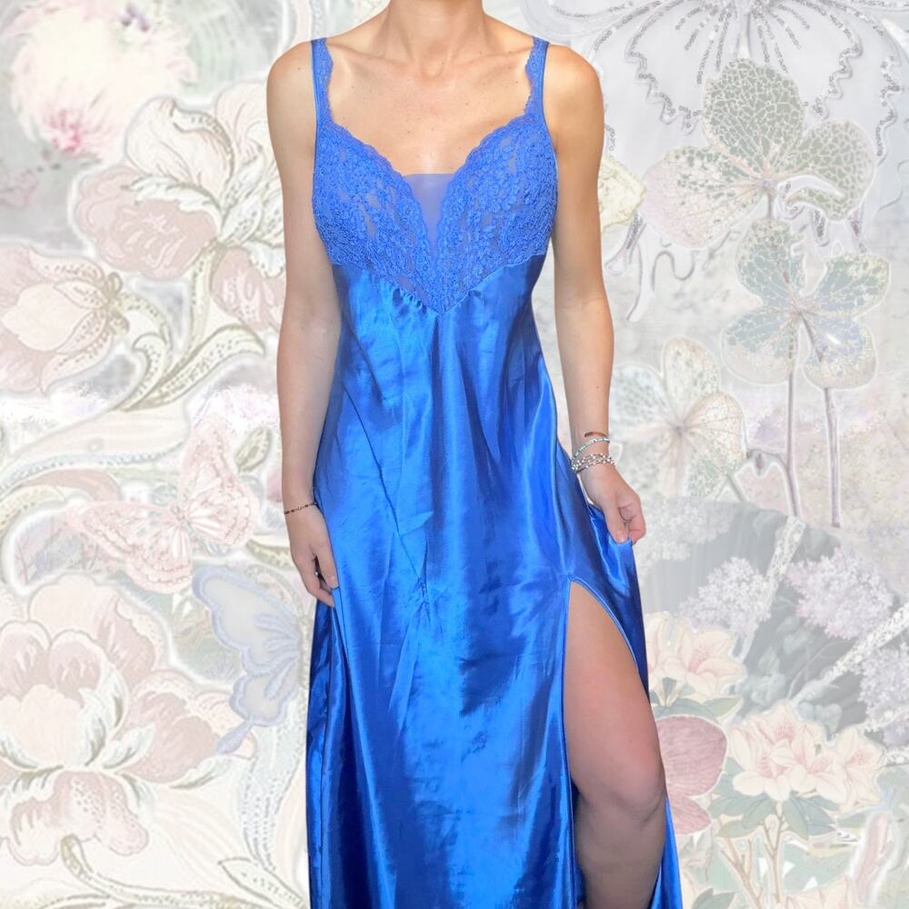 Vintage Victoria's Secret Cobalt Blue Satin Nightgown | Lace Bodice |1990s Large